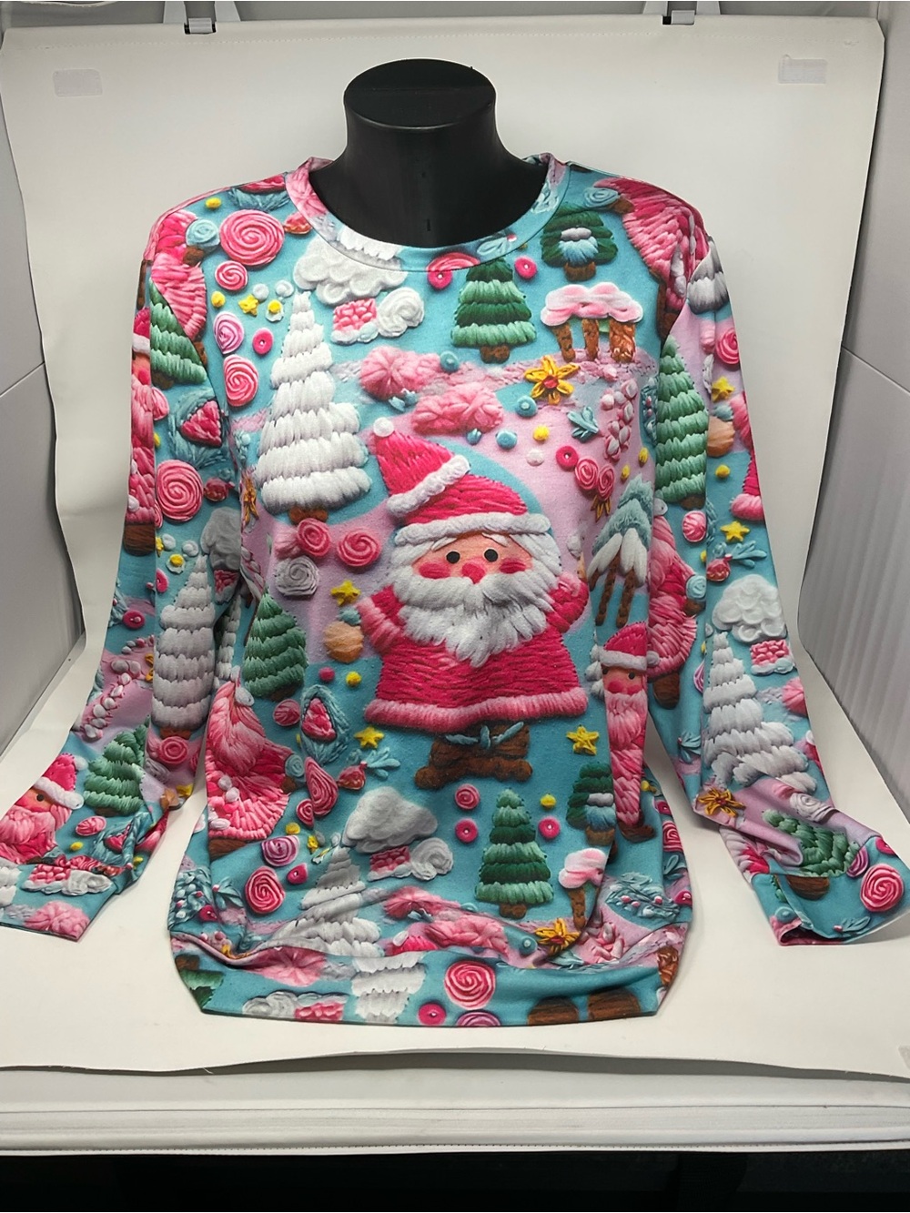 Festive Santa Print Women's Sweater in Turquoise and Pink